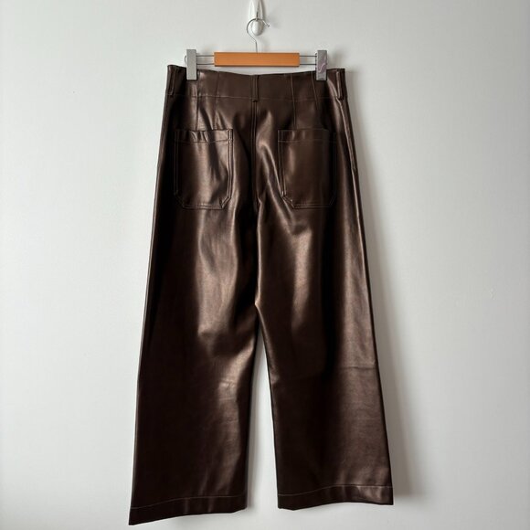 Anthropologie Maeve The Colette Wide Leg Pants Faux Leather Brown Shine 29 - Picture 10 of 12